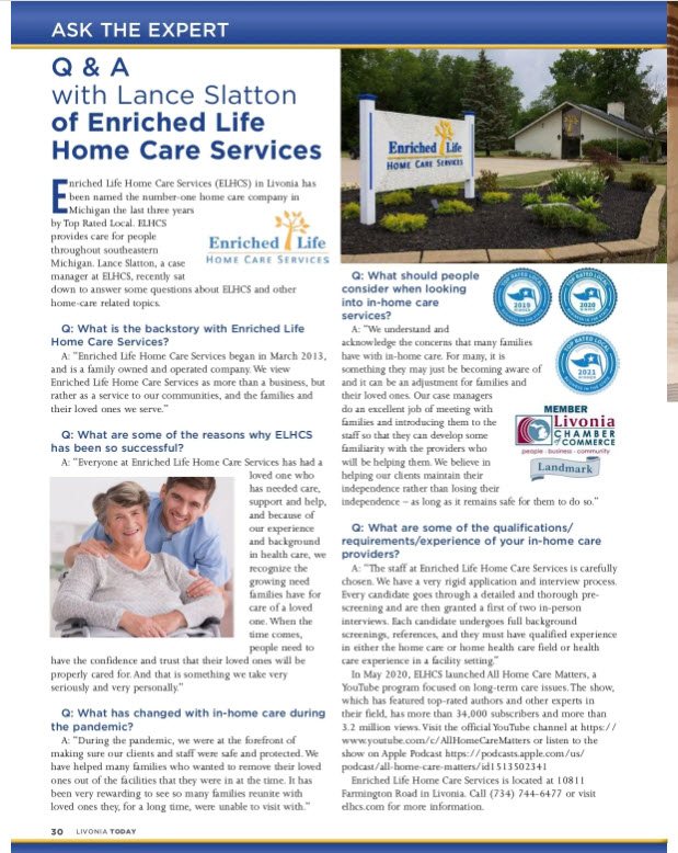 Enriched Life Home Care Services Featured in the Livonia Today Magazine for Q3